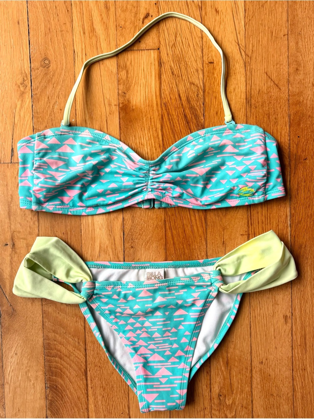 Neon Billabong Retro 80’s Style Bandeau Bikini Teal Pink Medium Top Bottom